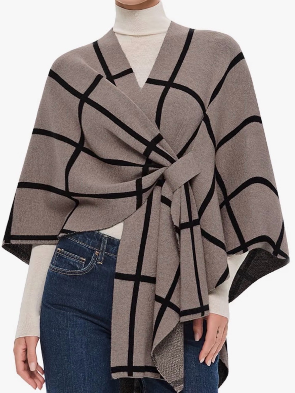 Ladiery Women Elegant Shawl Wrap Open Front Poncho Sweater, dark beige & black